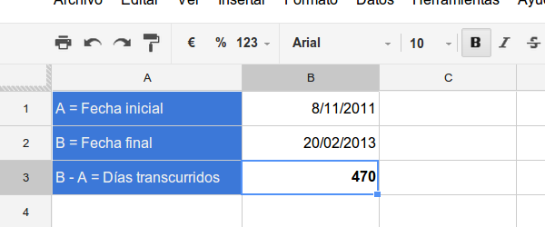 Calcular días transcurridos entre fechas en Excel/GDrive/LibreOffice