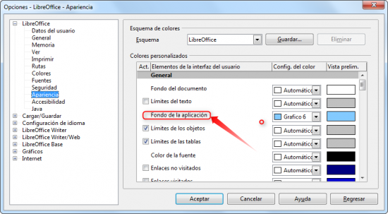 ventana apariencia libreoffice